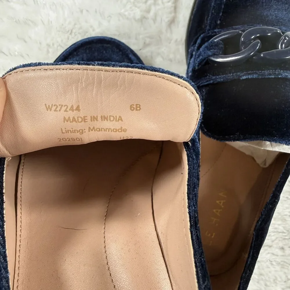 Cole Haan Womens Stassi Velvet Chain Loafer Navy Blue Size 6 Dress Flat